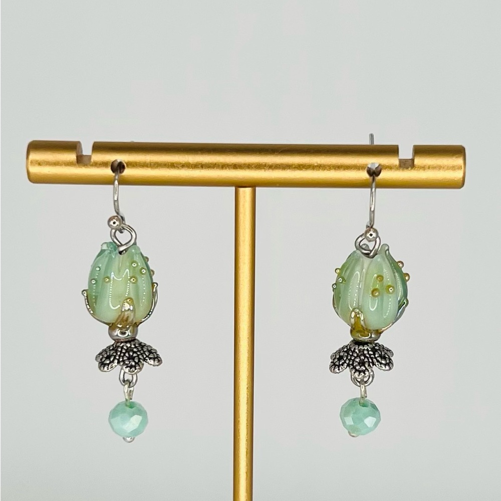 Green and Silver Tone Glass Tulip Earrings with Sterling Silver Ear Wires - Picture 3 of 3